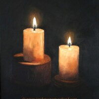 Oil painting of two candles lit in the dark.