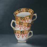 Pastel painting of three stacked royal albert teacups.