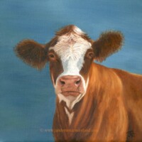 Oil painting of a cow enjoying the sun.