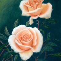 Pastel painting of two peach roses in a garden.