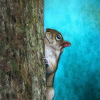 Oil paintintg of a squirrel climbing a tree.