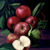 Oil painting of some apples in a basket.