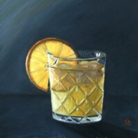 Oil painting of a cool lemon drink with ice in cut glass.