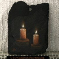Oil painting on slate of two candles lit in the dark.