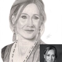 Pencil sketch of J K Rowling.