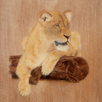 Oil painting of a lion straddling a log.