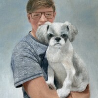 Oil painting of a dog being held by their owner.