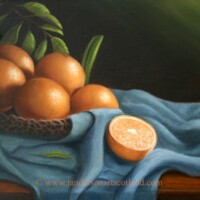 Oil painting of some oranges in a bowl on a table/cloth.