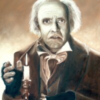 Oil painting of Scrooge as portrayed by Alastair Sim.