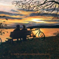 Pastel painting of a sunset with two cyclists resting on a bench.