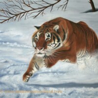 Oil painting of a tiger running through the snow.