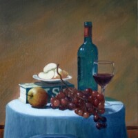 Oil painting of some wine and grapes on a table.